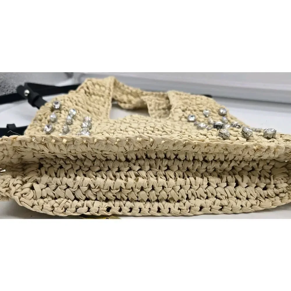 NWT BTB Los Angeles Straw Bag Crystal Embellished Crossbody Boho Shabby Chic Cot - Picture 6 of 10